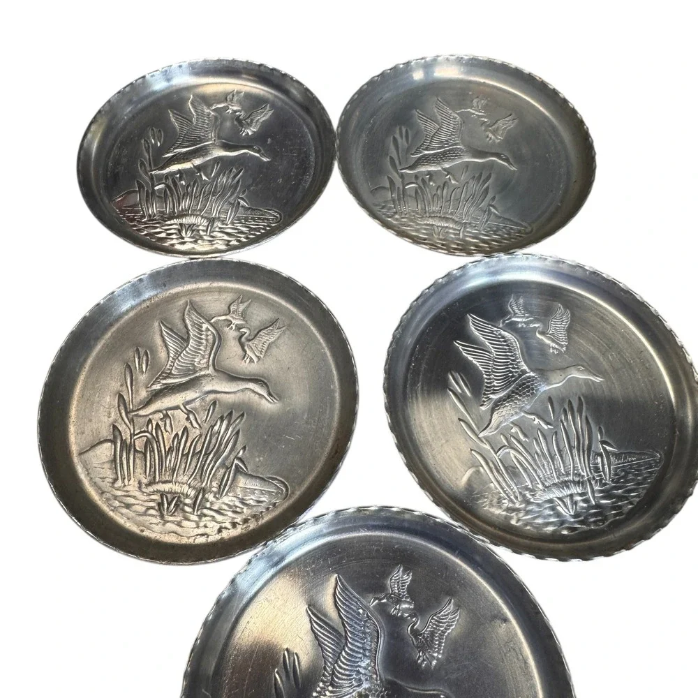 Vintage Pewter Coasters‎ Set of 7 Birds Geese Duck Crane Swan Embossed Drinkware